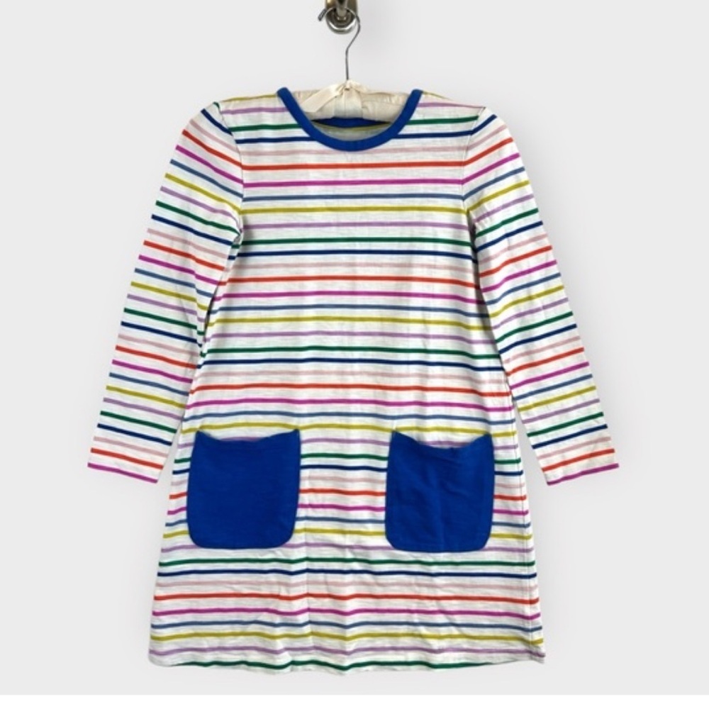 Mini Boden Fun Pocket Jersey Dress Striped Long Sleeve Dress with Blue Pockets